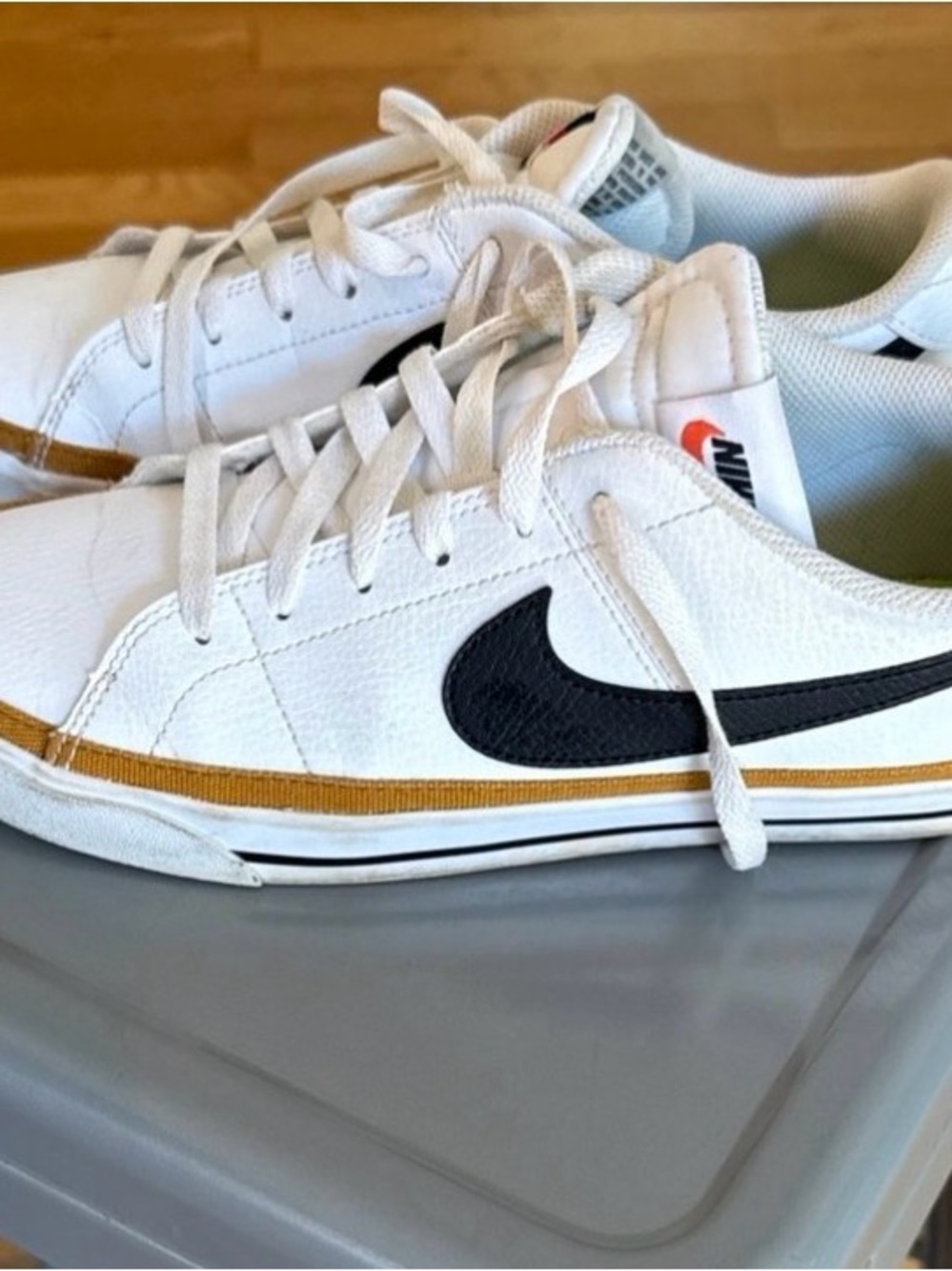 Nike White Low-Top Sneakers with Black Swoosh and Gold Stripe